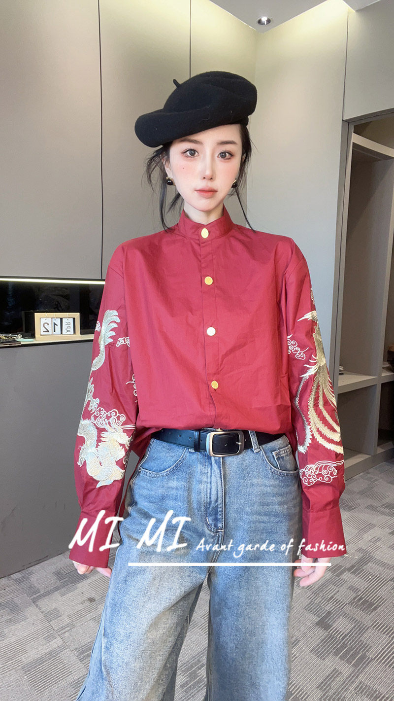 国风龙凤刺绣衬衫女2023冬季新款欧洲站设计感小众POLO领长袖上衣
