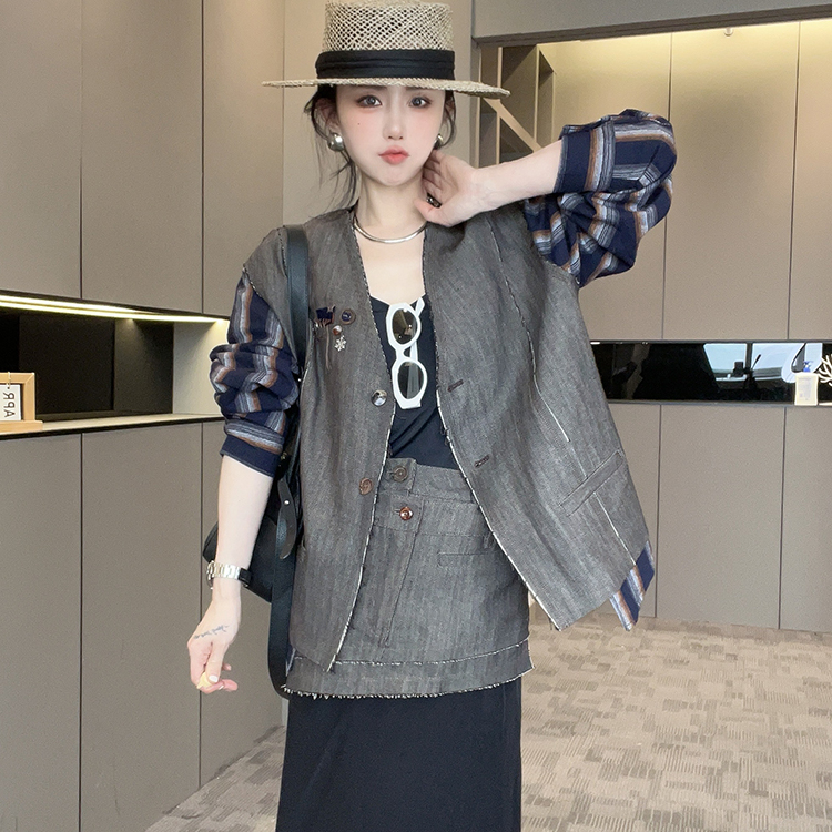条纹拼接牛仔外套女2025秋季新款欧洲站拼接立体装饰V领长袖上衣