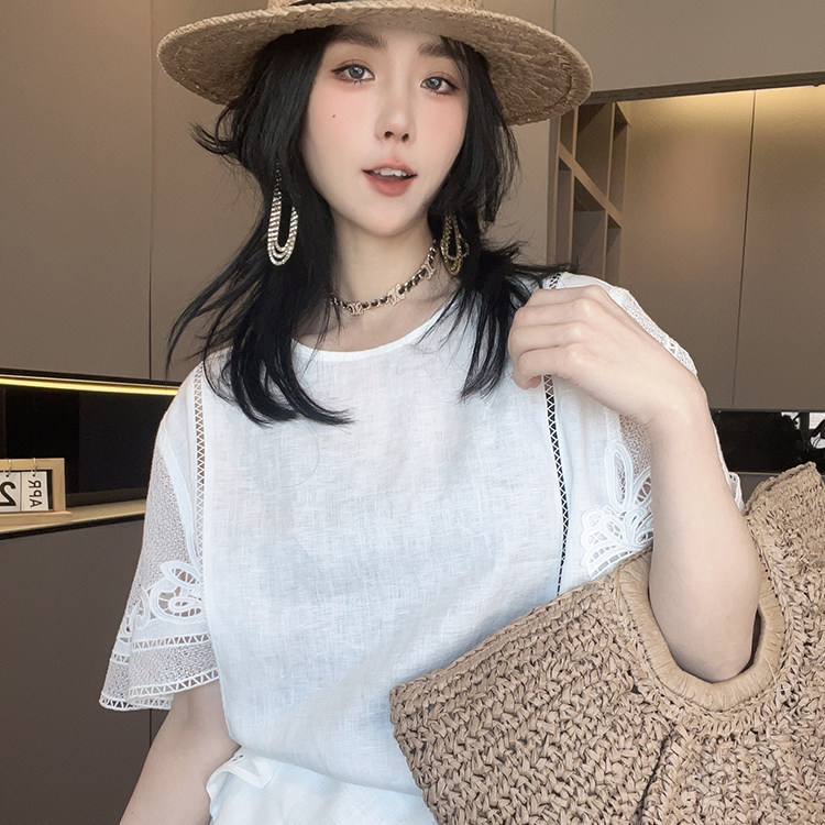 短袖上衣高腰阔腿短裤蕾丝钩花拼接纯色套装两件套女2026春季新款
