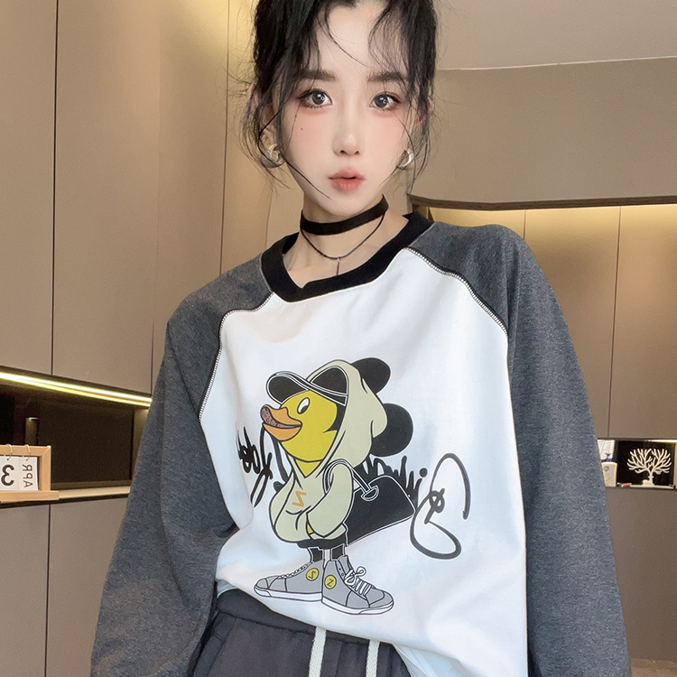 T恤女2025秋冬新款撞色拼接卡通动漫字母印花长袖打底衫套头上衣
