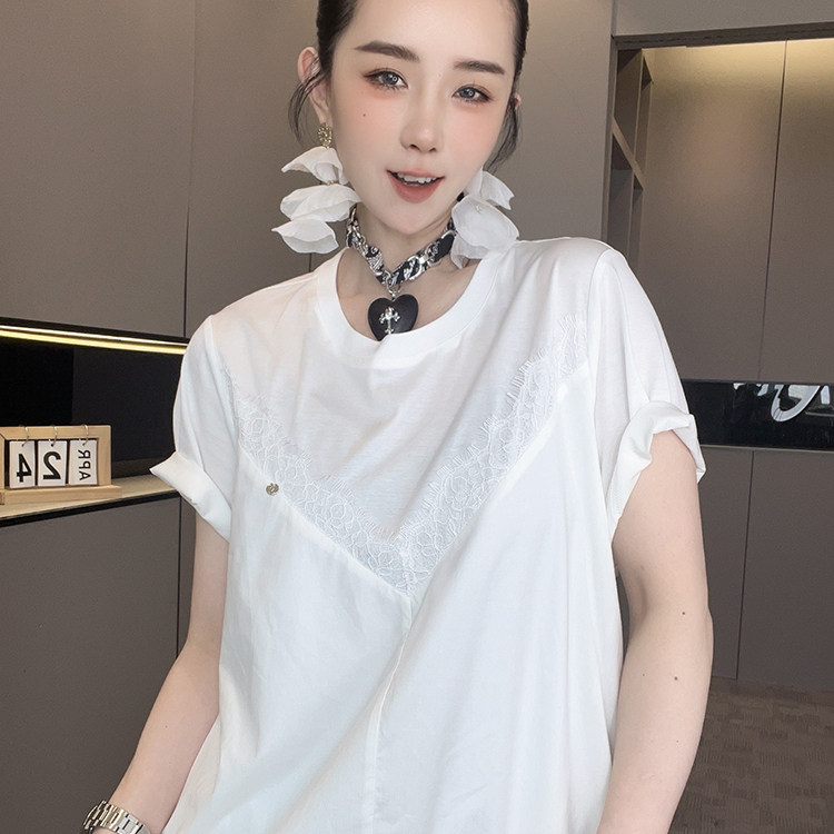短袖连衣裙女2026夏季新款蕾丝钩花拼接假两件半袖T恤裙圆领裙子