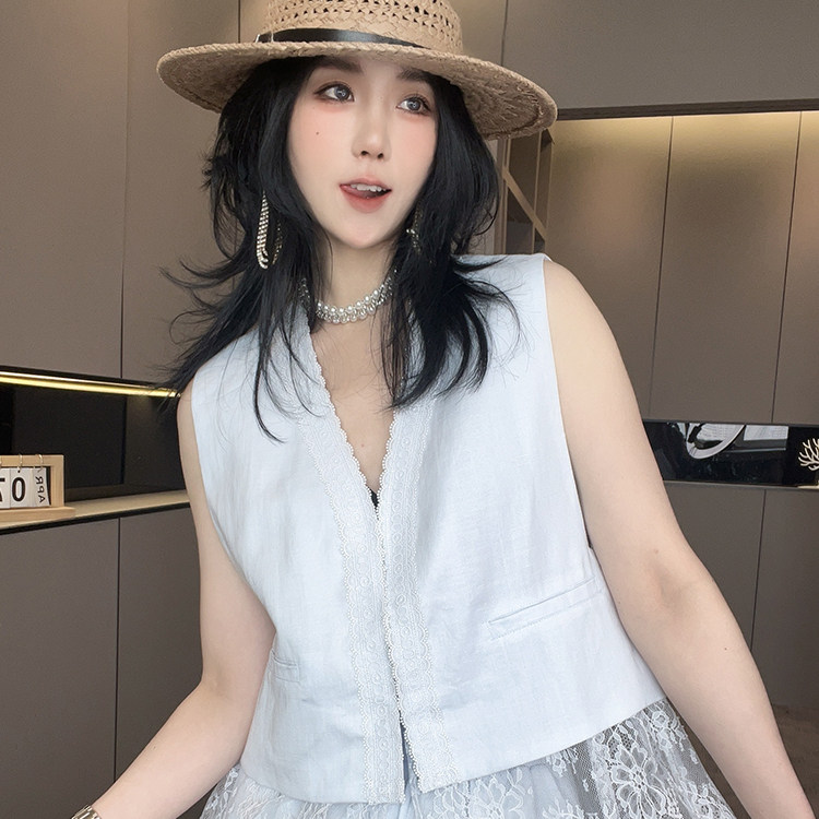 蕾丝拼接V领无袖马甲外套高腰阔腿长裤套装两件套女2026夏季新款
