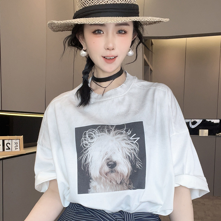 拼接小狗印花短袖圆领T恤裙条纹腰封套装两件套女2026春季新款