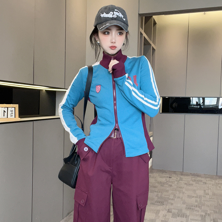 外套女2025秋季新款修身显瘦撞色拼接字母印花立领拉链长袖上衣