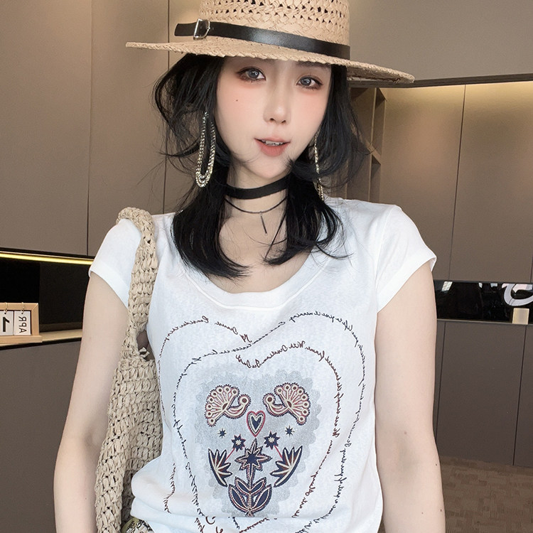 短袖T恤女2026春季新款欧洲站撞色拼接印花打底衫U型领套头上衣