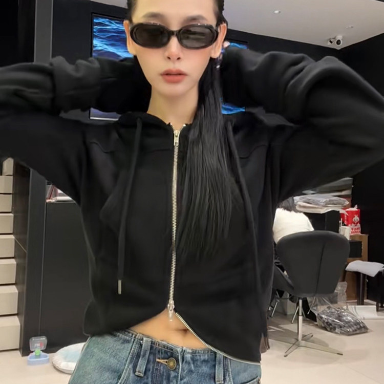 早秋美式连帽卫衣外套女2025新款设计感宽松双拉链开衫上衣