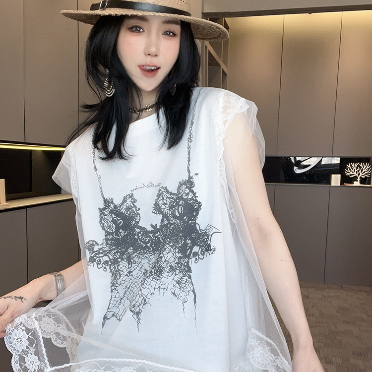 无袖连衣裙女2026夏季新款欧洲站网纱蕾丝拼接撞色图案印花裙子
