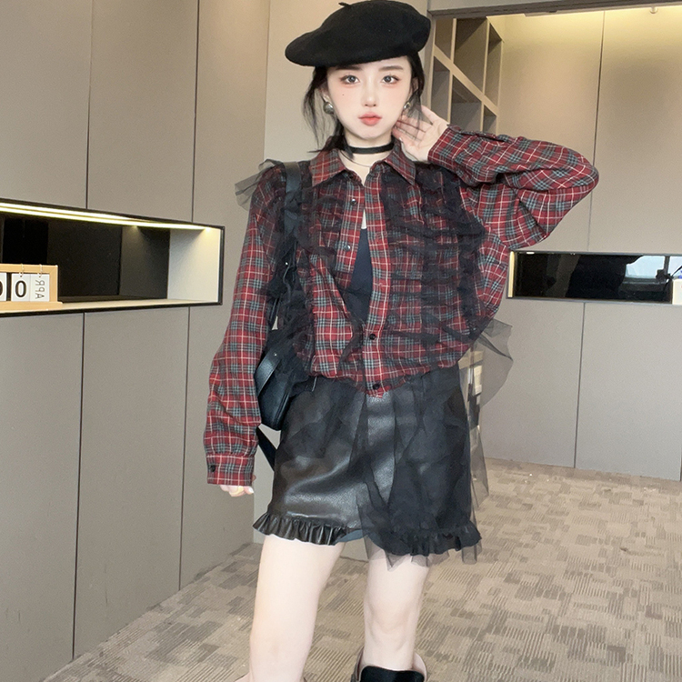 长袖格子衬衫女2025秋季新款设计感网纱拼接翻领衬衣单排扣上衣