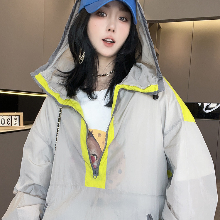 防晒外套女2026春季新款欧洲站撞色拼接中长款连帽防晒衣长袖上衣