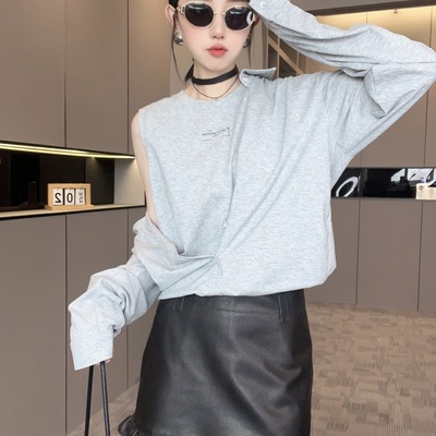 复古港风长袖衬衫女2025秋季新款宽松设计感束腰假两件上衣T恤