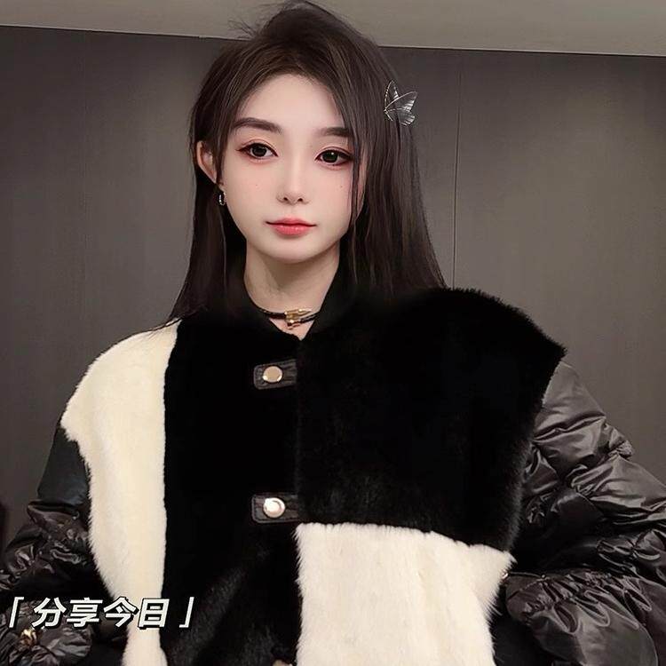 貂毛羽绒服女2025秋冬新款欧洲站女装拼色圆领单排扣外套长袖上衣