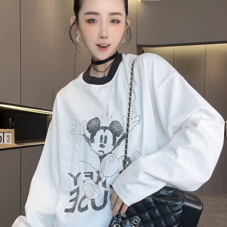 T恤女2025冬季新款时尚撞色拼接卡通动漫字母印花打底衫长袖上衣
