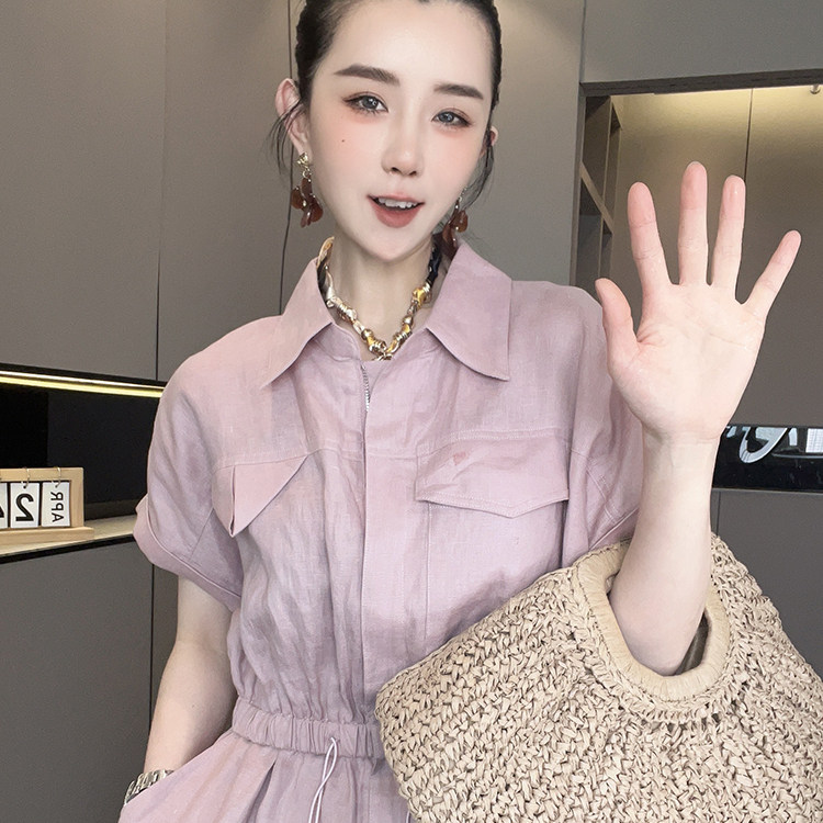 短袖连体短裤女2026夏季新款纯色高腰阔腿裤松紧腰翻领半袖裤子