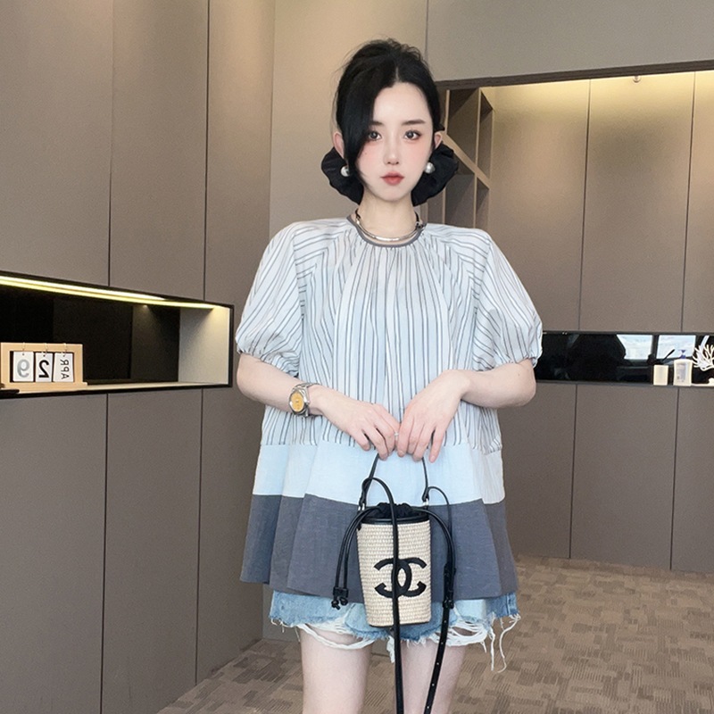 短袖条纹衬衫女2025夏季新款欧洲站女装撞色拼接下摆圆领半袖上衣