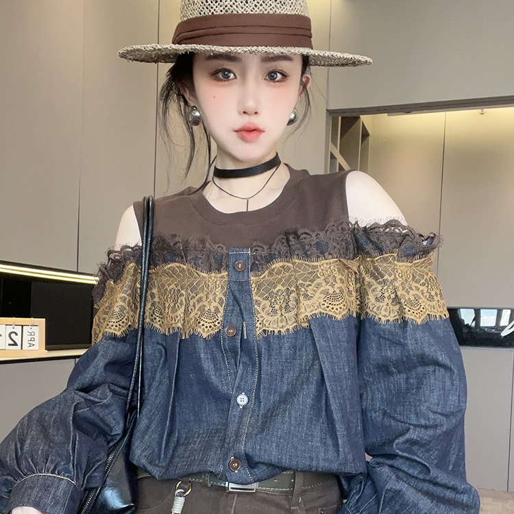 牛仔衬衫女2025秋季新款欧洲站撞色拼接蕾丝露肩长袖衬衣圆领上衣