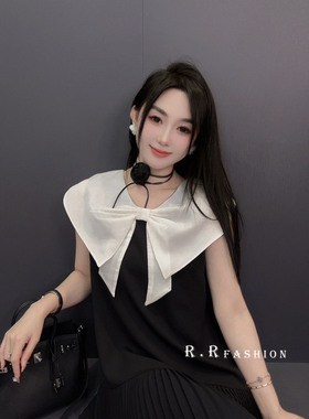 RR fashion 连衣裙女2025夏季新款撞色拼接披肩领百褶裙百搭裙子