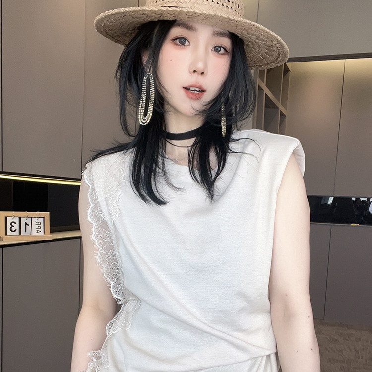 T恤女2026春季新款欧洲站蕾丝钩花拼接不规则下摆褶皱无袖上衣
