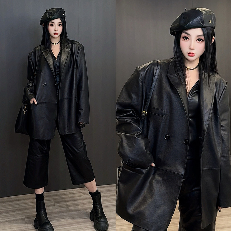 vivi同款纯皮皮衣女2024早春新款欧洲站绵羊皮西装外套大版欧货