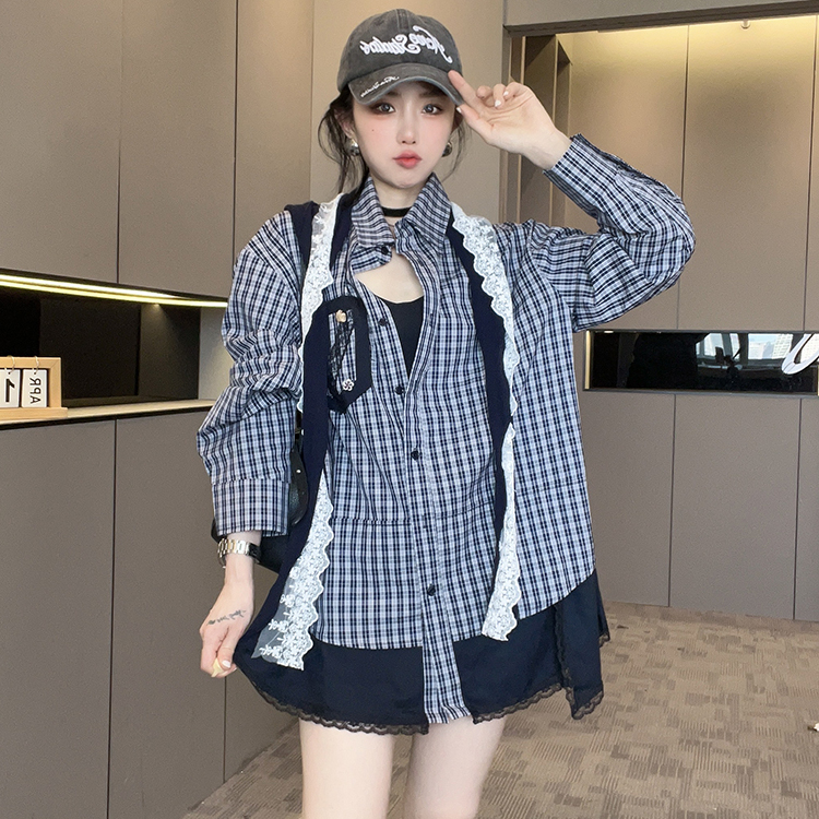 长袖格子衬衫女2025秋季新款设计感可拆披肩帽衬衣翻领单排扣上衣