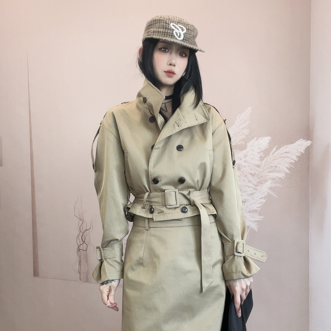腰带收腰短款长袖风衣高腰半身裙纯色套装两件套女2026秋季新款