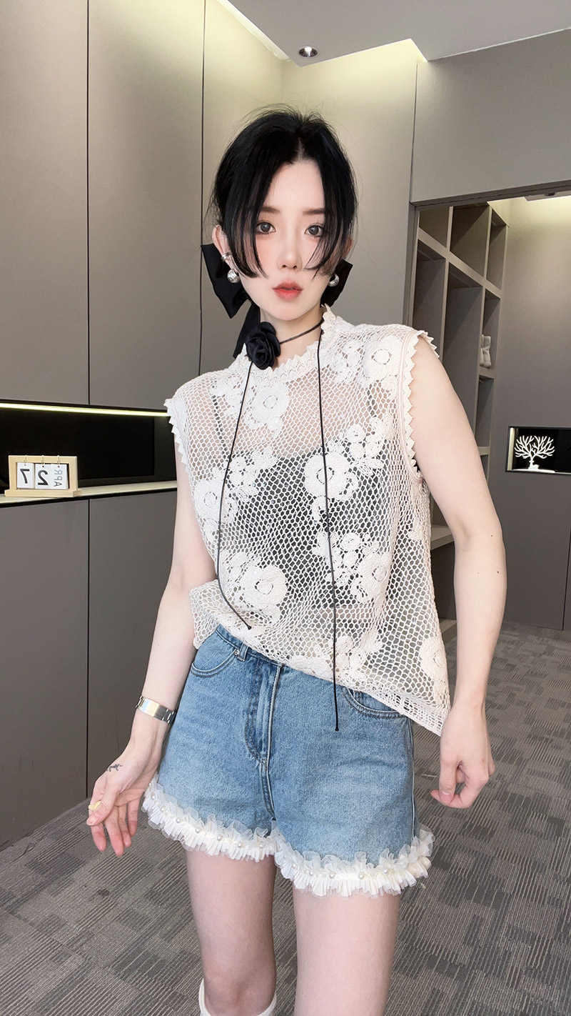 RR fashion蕾丝镂空T恤女2024夏季新款设计感纯色圆领套头上衣