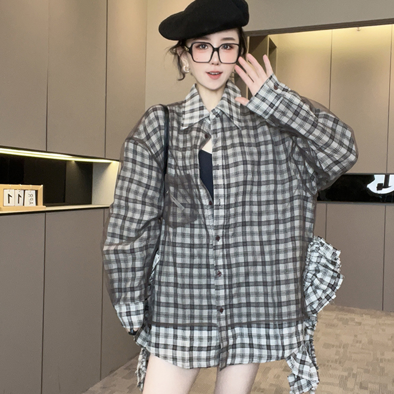 格子衬衫女2025春季新款网纱拼接木耳边中长款衬衣单排扣长袖上衣