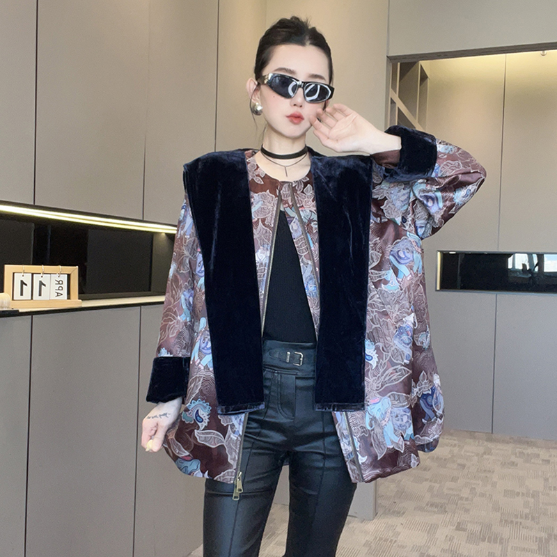 丝绒披肩外套女2025秋季新款国风提花中长款宽松圆领拉链长袖上衣