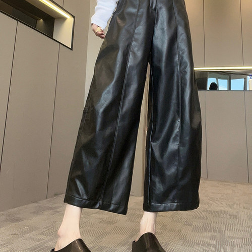 皮裤女2026秋季新款纯色绵羊皮阔腿裤直筒九分裤宽松长裤高腰裤子