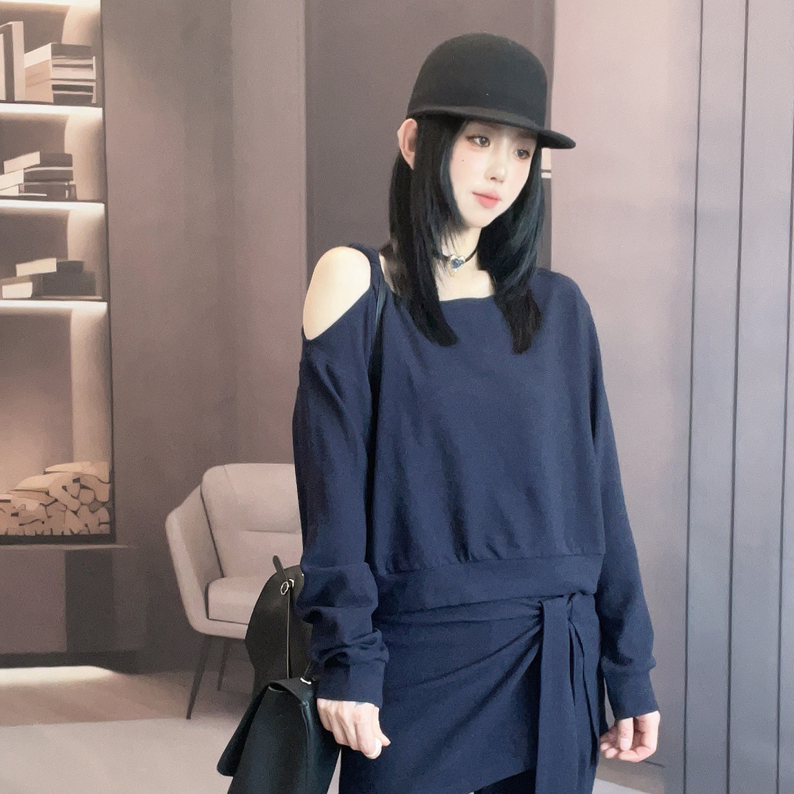 露肩长袖上衣高腰裙裤休闲裤纯色套装两件套女2026秋季新款欧洲站