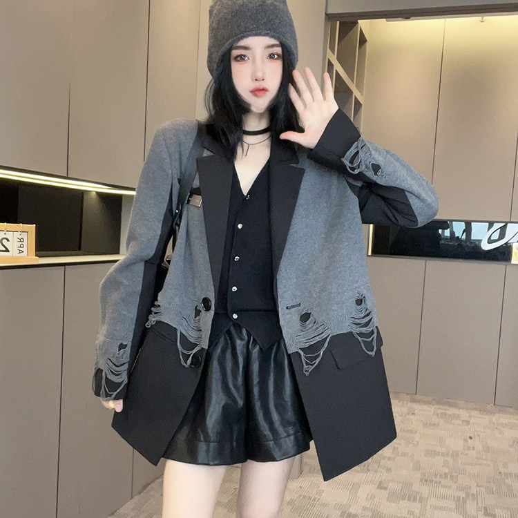 现货外套女2025秋季新款宽松百搭破洞针织拼接西装翻领西服长袖