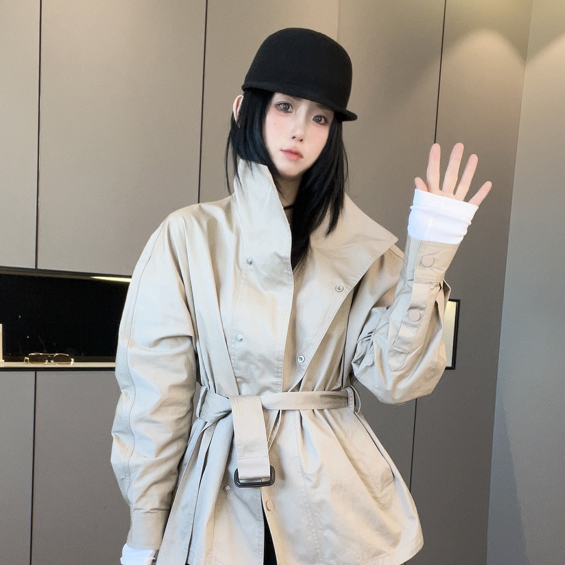 外套女2026秋季新款欧洲站韩版纯色中长款风衣腰带收腰长袖上衣