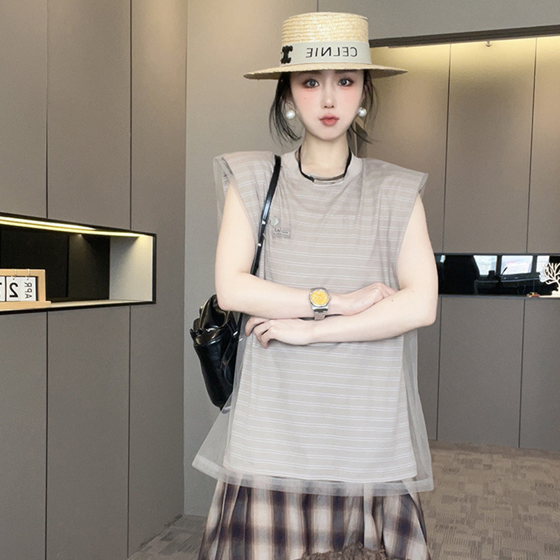 【现货】无袖条纹连衣裙女2025夏季新款网纱拼接格子下摆T恤裙,女装/女士精品,连衣裙,淘宝优惠券,粉丝福利购,淘宝优惠卷