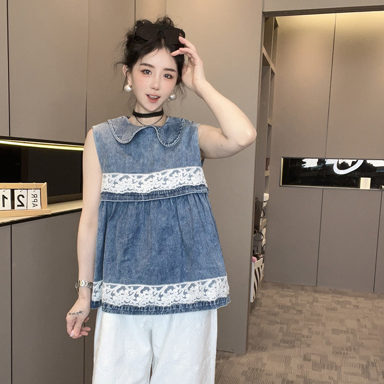 牛仔背心女2026春季新款欧洲站设计感蕾丝钩花拼接娃娃领无袖上衣