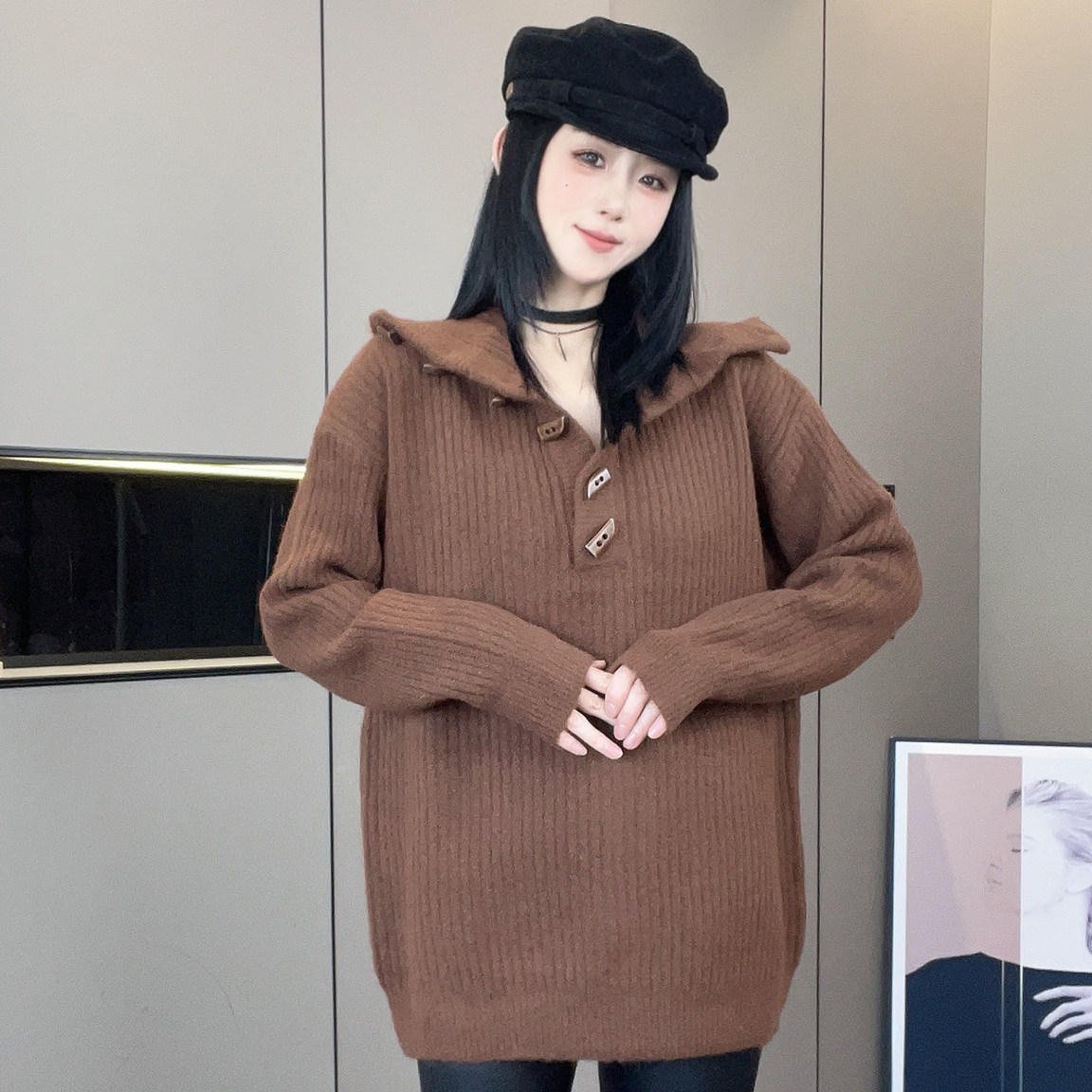 针织毛衣女2026秋冬新款宽松中长款纯色牛角扣高领针织衫长袖上衣