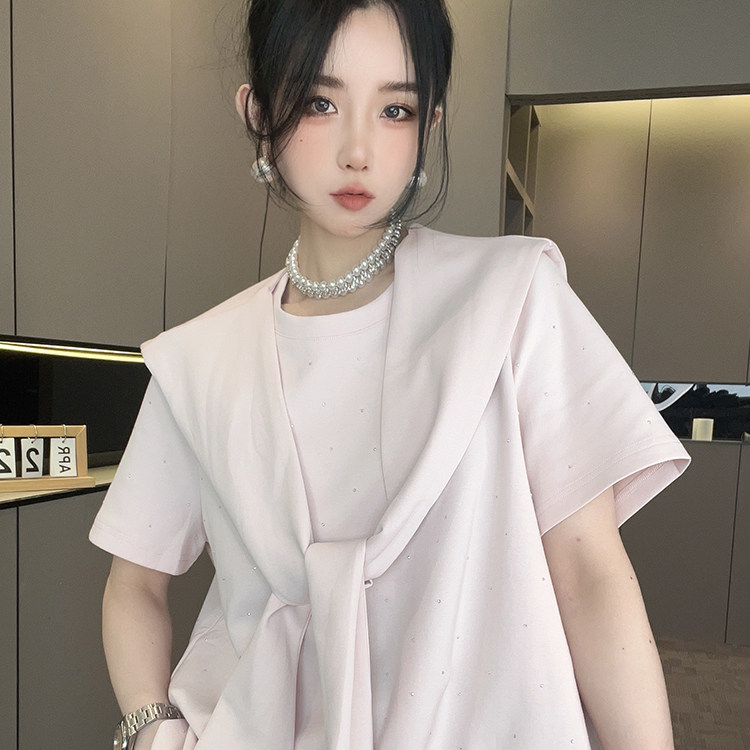 两穿腰封披肩短袖T恤高腰直筒长裤纯色套装三件套女2026春季新款