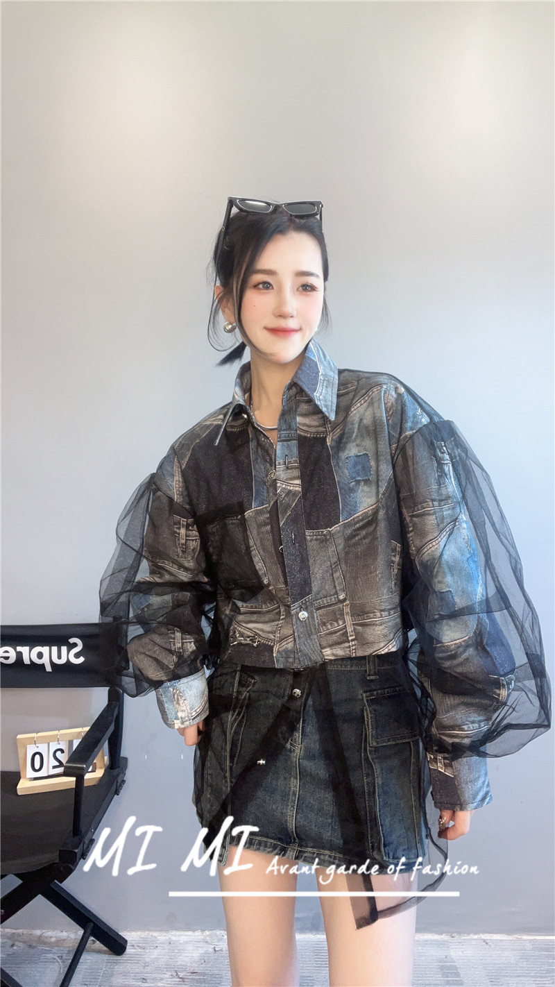 【现货】翻领宽松休闲中长款单排扣网纱拼接涂鸦衬衫女显瘦2025