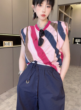 RR fashion 条纹T恤女2025夏季新款设计感阔肩薄款圆领无袖上衣