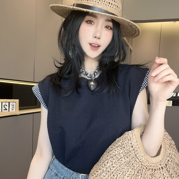 格子拼接牛仔屁帘圆领无袖裙子套装两件套连衣裙女2026夏季新款