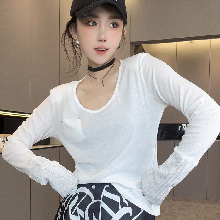 长袖T恤女2025秋季新款女装纯色拼接袖口U型领打底衫时尚百搭上衣