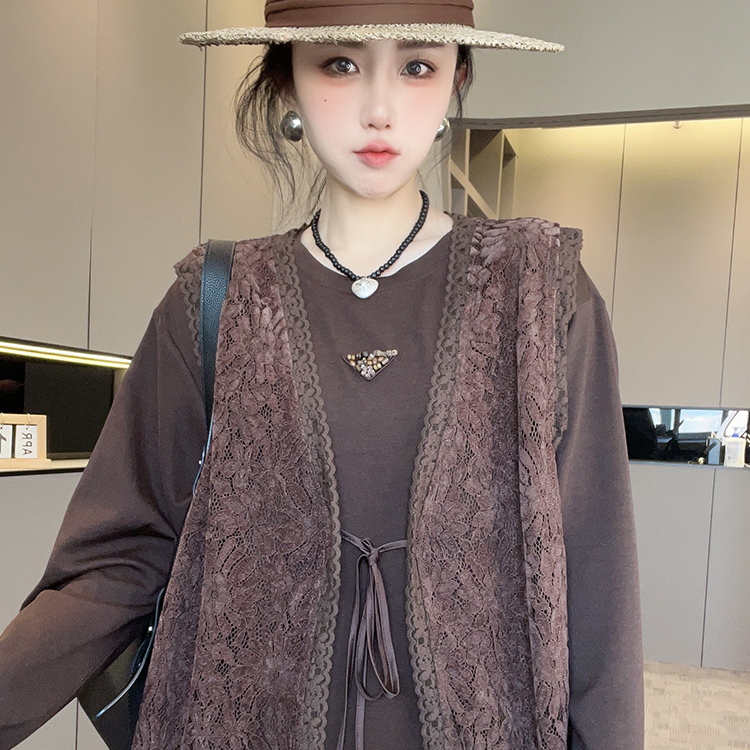 V领无袖蕾丝马甲中长款长袖T恤纯色上衣套装两件套女2025秋季新款