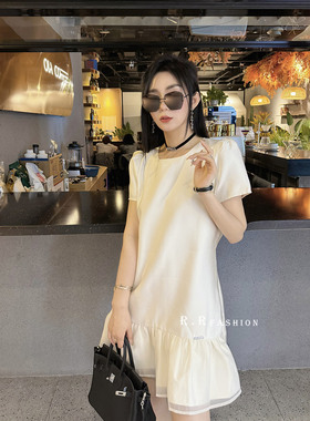RR fashion 短袖连衣裙女2024夏季新款法式小香风褶皱圆领裙子