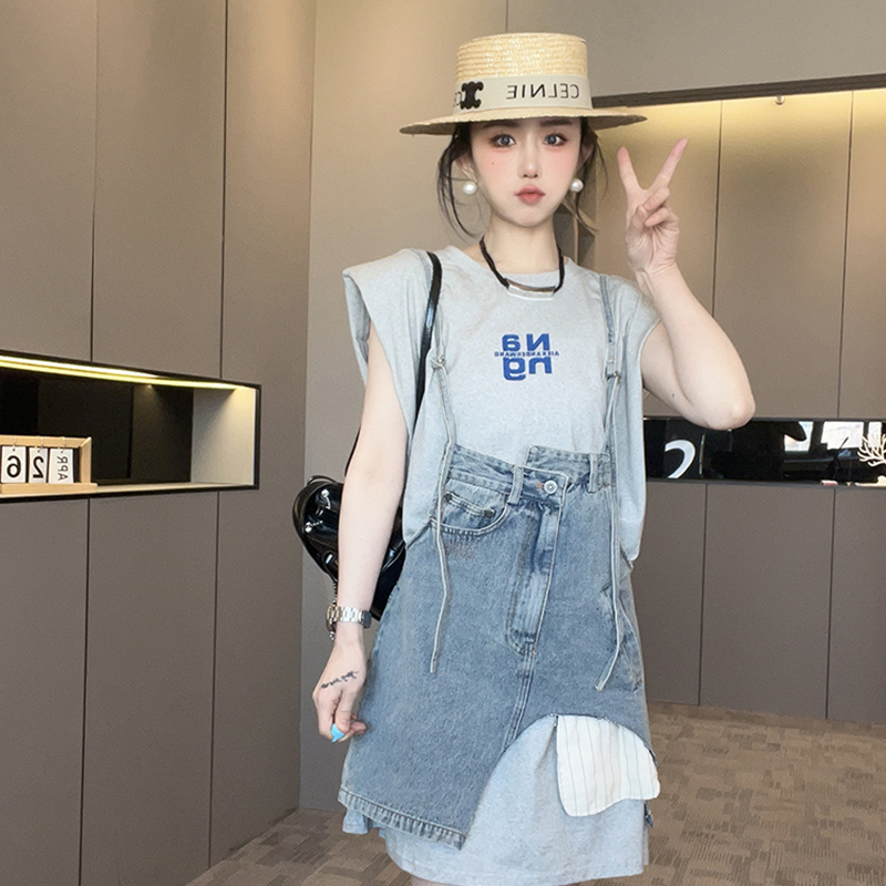字母印花无袖连衣裙牛仔吊带裙裙子套装两件套女2025夏季新款女装