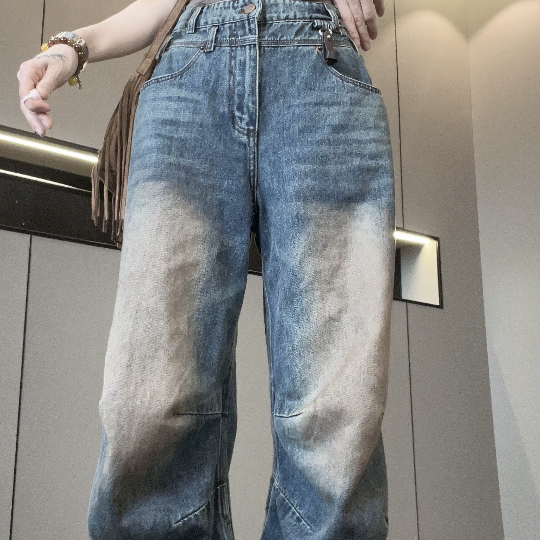 牛仔裤女2026早秋新款设计感复古做旧高腰阔腿裤直筒长裤时尚裤子