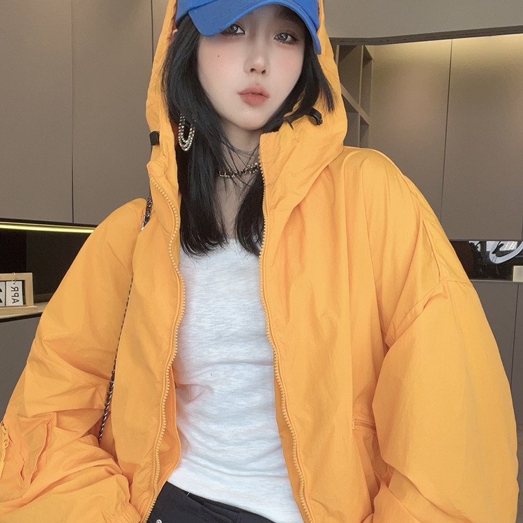抽绳连帽防晒外套女2026春季新款简约纯色拉链短款防晒衣长袖上衣