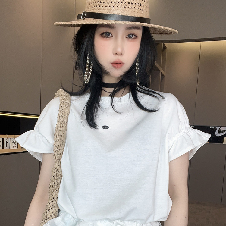 短袖T恤女2026春季新款抽绳收腰荷叶边下摆圆领打底衫半袖上衣
