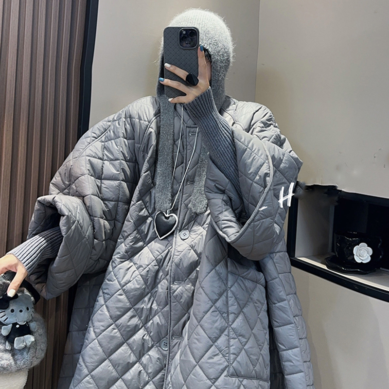 菱格棉服女2025秋冬新款欧洲站宽松纯色中长款大口袋外套长袖上衣