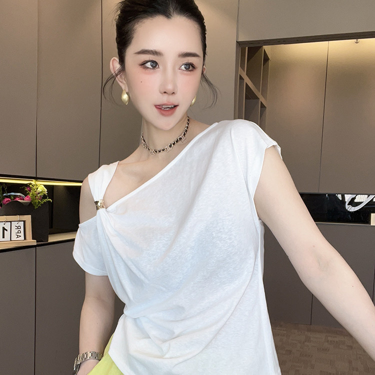 短袖T恤女2026夏季新款欧洲站设计感时尚百搭纯色露肩半袖上衣