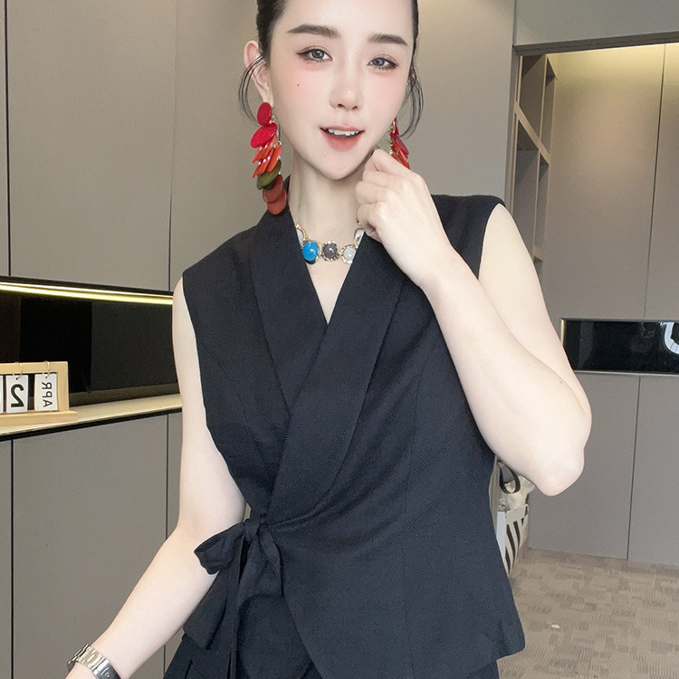 系带收腰马甲高腰半身裙百褶裙短裙纯色套装两件套女2026夏季新款