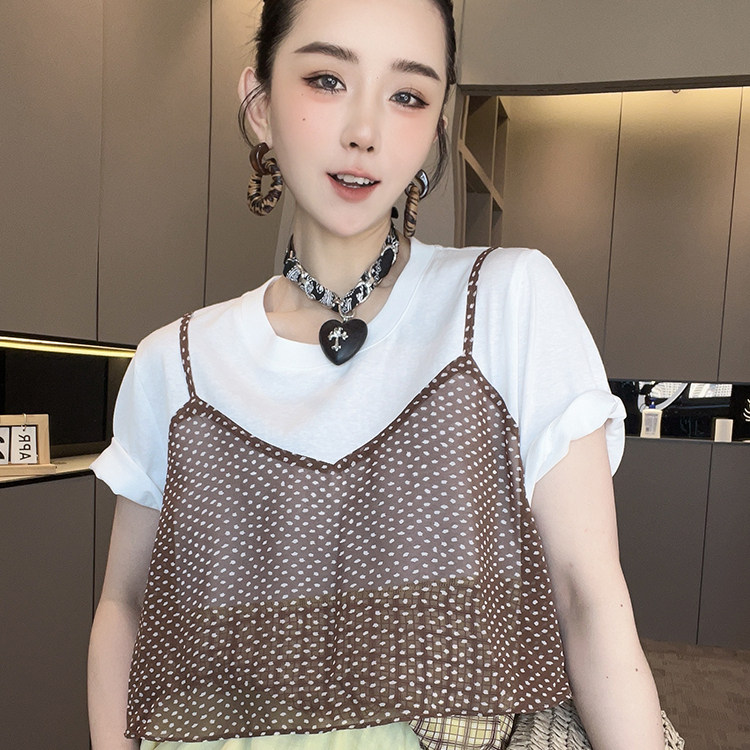 短袖T恤女2026夏季新款波点格子荷叶边拼接假两件圆领半袖上衣