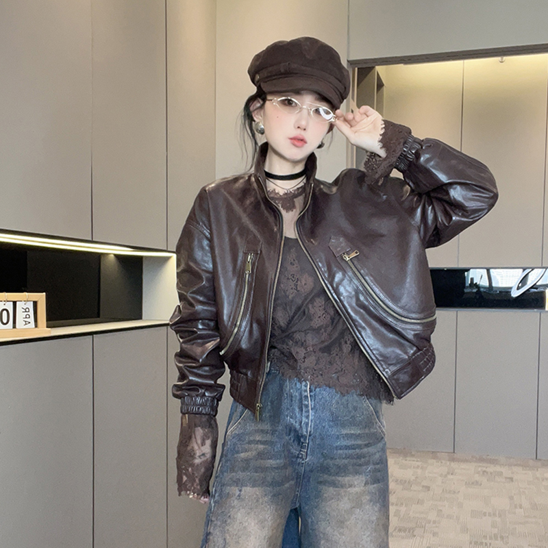 皮衣女2025秋季新款纯色绵羊皮拉链翻领皮夹克真皮外套长袖上衣